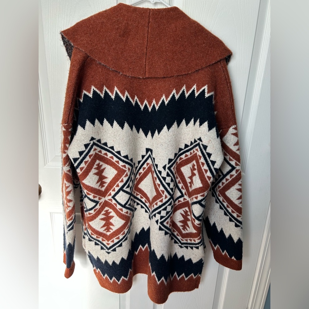 Tahari Brown White & Blue Aztec Print Chunky Open Front Cardigan Size XL - Picture 7 of 15